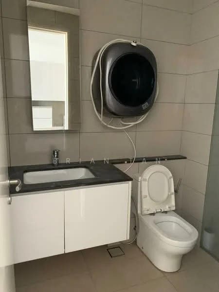Bathroom features: single-sink vanity with grey countertop, white cabinetry, built-in mirror, one-piece toilet, front-load washing machine mounted on the wall, grey tiled walls, light grey floor tiles; style: modern.