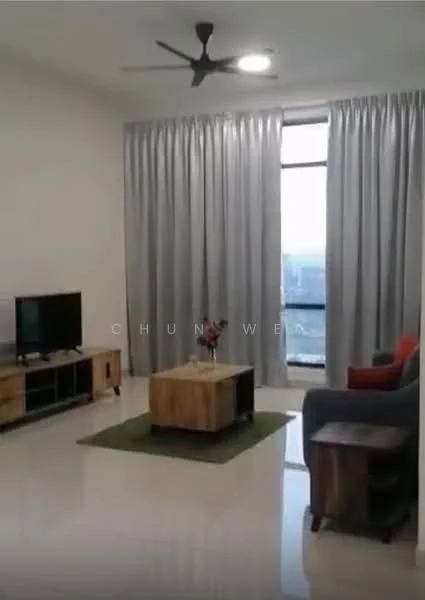Living features: 3-seater fabric sofa in red, wooden coffee table, TV console, wall-mounted TV, area rug in green, floor-to-ceiling window, sheer curtains, ceiling fan with light, polished tile flooring, decorative plant in vase; style: modern; view: city.