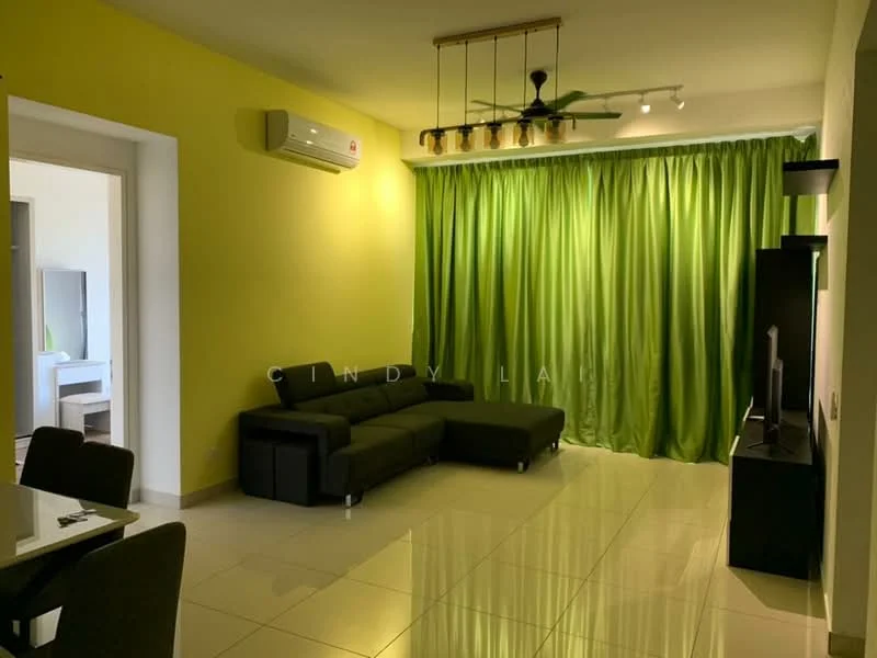 Living features: green curtains, 5-blade ceiling fan with light, black leather sectional sofa, white walls, glossy tile flooring, wall-mounted TV, TV console, air conditioning unit; style: modern.