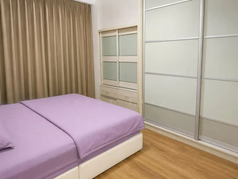 Bedroom features: purple bedding, upholstered bed frame, wooden flooring, floor-to-ceiling curtains, built-in wardrobe with sliding doors, light-colored cabinetry, neutral wall color, decorative wall paneling; style: modern.