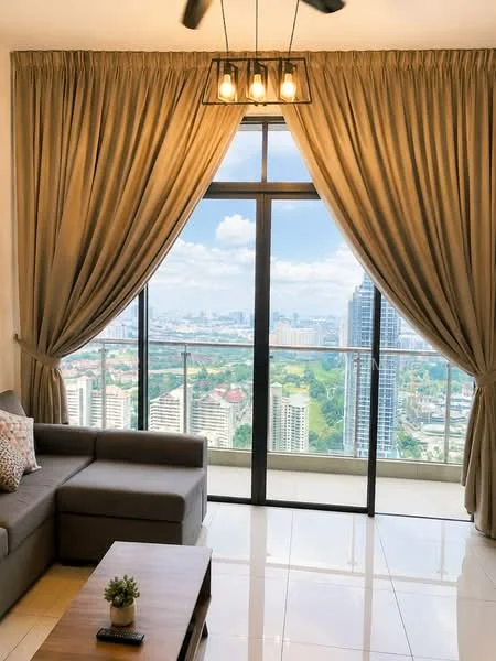 Living features: grey fabric sofa, wooden coffee table, floor-to-ceiling windows, sheer curtains, heavy drapes, recessed ceiling lights, pendant light fixture, glossy tile flooring, city skyline view; style: modern; view: city.