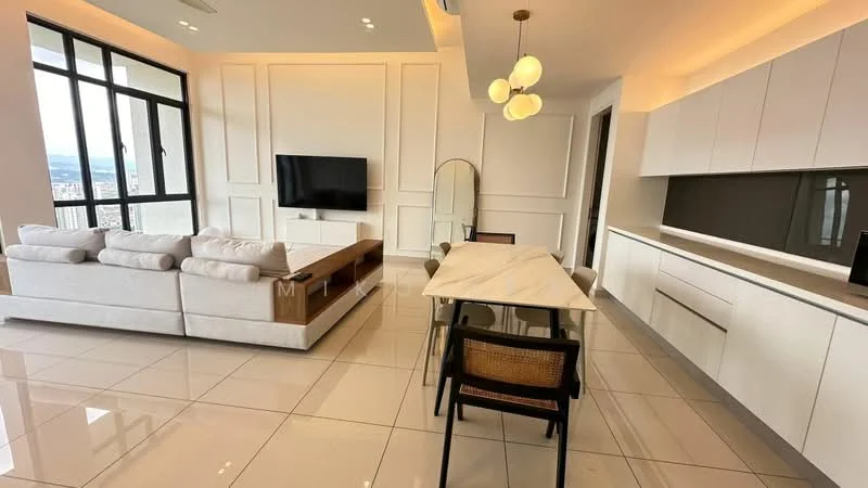 Living features: white leather sectional sofa, wooden coffee table, wall-mounted flat-screen TV, white cabinetry, marble dining table, 4 dining chairs, recessed LED downlights, large floor-to-ceiling windows, light wood accent wall, decorative mirror, pendant lighting fixture; style: modern; view: city.