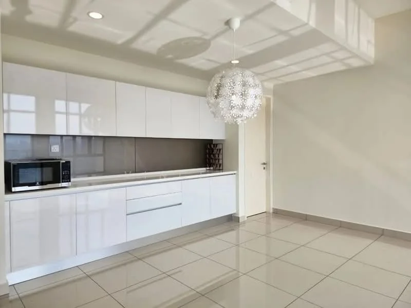 Kitchen features: white glossy cabinetry, built-in microwave, single-bowl stainless-steel sink, chrome pull-down faucet, white countertop, tile backsplash, recessed downlights, pendant light, cream painted walls, grey tile flooring; style: modern.