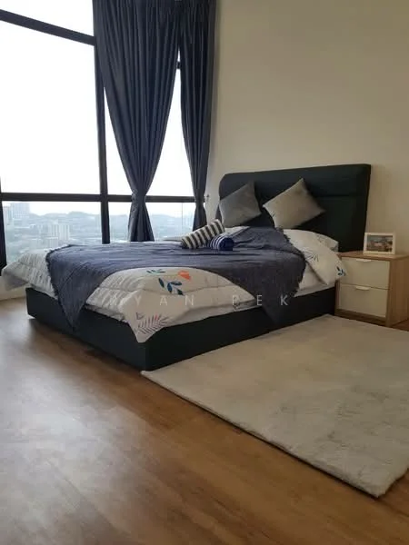 Bedroom features: king-size bed with upholstered headboard, decorative throw pillows, bedside table, framed photo on bedside table, floor-to-ceiling windows, curtains, wooden flooring, area rug; style: modern; view: city.