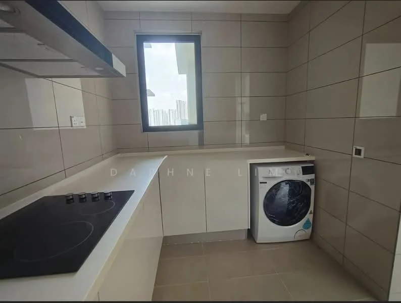 Kitchen features: white cabinetry, grey tiled walls, light beige tiled flooring, built-in oven, 4-burner gas hob, stainless-steel range hood, single-bowl stainless-steel sink, washing machine, window with city view, countertop with integrated cooktop; style: modern; view: city.