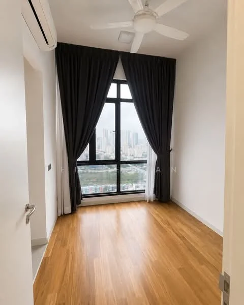 Room features: floor-to-ceiling windows, blackout curtains, sheer curtains, 5-blade ceiling fan, light wood flooring, white walls, air conditioning unit, city view; style: modern; view: city.