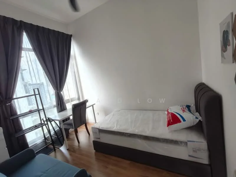 Bedroom features: queen-size bed with mattress, grey upholstered headboard, floor-to-ceiling windows, blackout curtains, wooden flooring, study desk, chair, decorative wall art; style: modern; view: city.