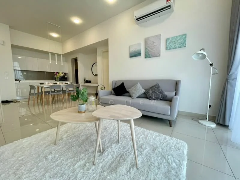 Living features: 3-seater fabric sofa in grey, 2 round coffee tables with wooden tops, area rug with fluffy texture, wall-mounted split AC, recessed ceiling lights, floor-to-ceiling windows with sheer curtains, decorative wall art with ocean theme, dining area visible in background, open-plan layout, light-colored walls, glossy tile flooring; style: modern.