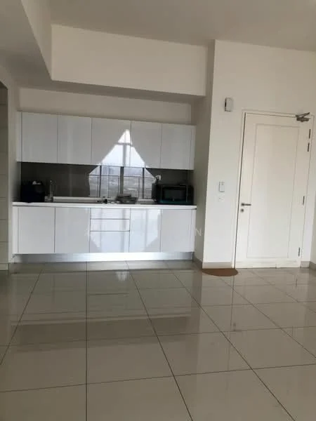 Kitchen features: white cabinetry, stainless-steel sink, chrome pull-down faucet, built-in microwave, freestanding range oven, white quartz countertop, grey tile backsplash, ceramic tile flooring, recessed downlights, floor-to-ceiling windows, open shelving, pantry cabinet; style: modern; view: city.