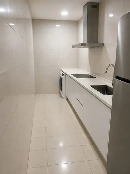 Laundry features: white cabinetry, single-bowl stainless-steel sink, chrome pull-down faucet, built-in washing machine, stainless-steel fridge, ceramic tile flooring, white tiled walls, recessed LED downlights, ventilation hood, countertop space; style: modern.
