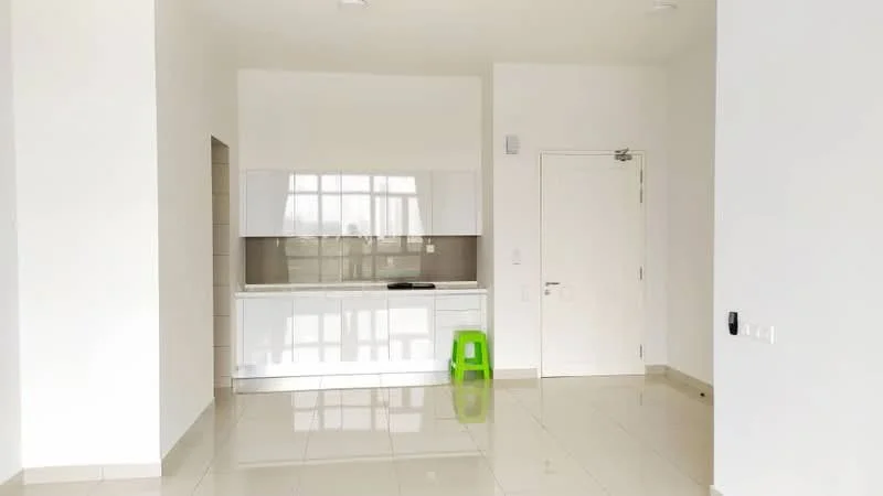 Kitchen features: white cabinetry, flat-panel cabinets, stainless-steel countertop, single-bowl stainless-steel sink, chrome pull-down faucet, ceramic tile flooring, recessed downlights, open layout, large window for natural light, green plastic stool; style: modern.
