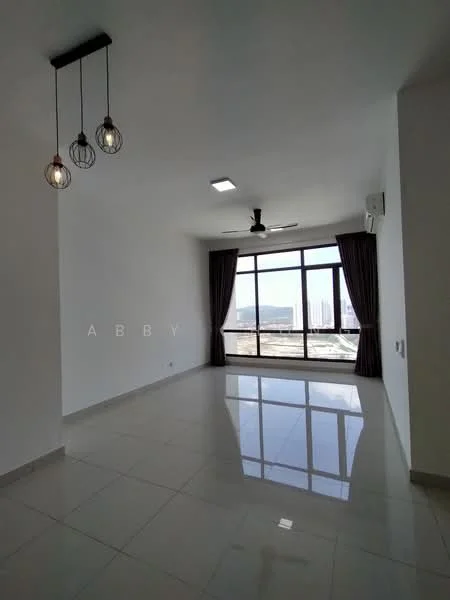 Living features: white painted walls, glossy ceramic tile flooring, 5-blade ceiling fan, recessed LED downlights, hanging pendant lights, floor-to-ceiling windows, dark brown curtains, city view; style: modern; view: city.