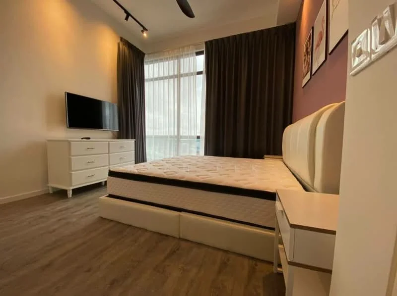 Bedroom features: queen-size bed with upholstered headboard, white bedside tables, white dresser, wall-mounted TV, floor-to-ceiling windows, sheer curtains, dark grey curtains, wooden flooring, recessed ceiling lights, ceiling fan; style: modern; view: city.