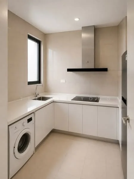 Kitchen features: white cabinetry, white countertop, stainless-steel sink, chrome pull-down faucet, built-in oven, 4-burner gas hob, stainless-steel range hood, front-load washing machine, tile backsplash, light-colored tile flooring, single window, recessed downlights; style: modern.