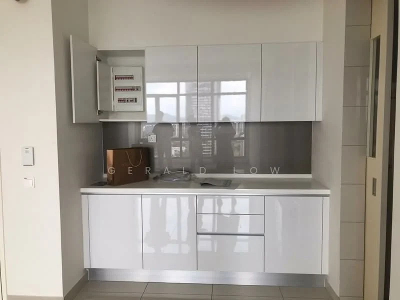 Kitchen features: white high-gloss cabinetry, single-bowl stainless-steel sink, chrome pull-down faucet, grey tiled backsplash, built-in electrical panel, countertop with integrated storage, drawer storage, open shelving, tile flooring; style: modern.
