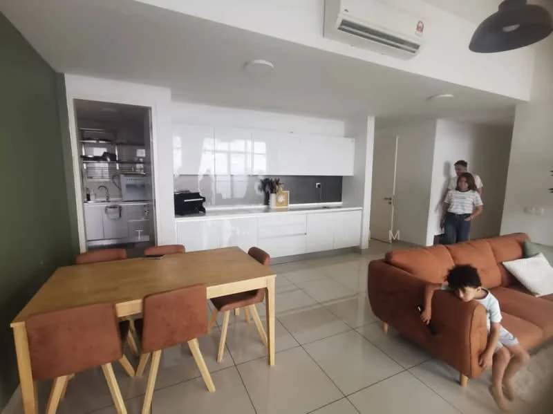 Living features: 3-seater fabric sofa in brown, wooden dining table for 6, upholstered dining chairs in orange, tile flooring, green accent wall, white painted walls, wall-mounted air conditioning unit, recessed ceiling lights, open kitchen layout, built-in kitchen cabinetry in white, kitchen countertop, kitchen appliances visible; style: modern.