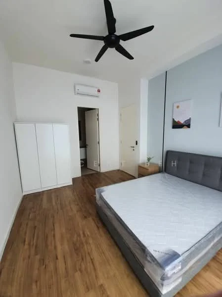 Bedroom features: wooden flooring, grey upholstered bed frame, queen-size bed, 5-blade ceiling fan in black, white painted walls, built-in wardrobe with sliding doors, wall-mounted air conditioning unit, decorative artwork on wall, nightstand with plant; style: modern.