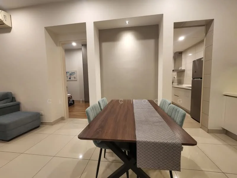 Dining features: 6-seater dining table, light grey upholstered dining chairs, table runner, white walls, tile flooring, recessed downlights, air conditioning unit on wall, open layout to kitchen, neutral decor; style: modern. Room features: white walls, tile flooring, recessed downlights, open entryway, unknown room beyond.
