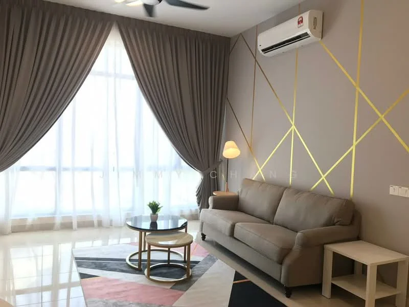 Living features: grey fabric sofa, round coffee table, side table, floor-to-ceiling windows, sheer curtains, drapes with gold accents, ceiling fan, wall-mounted air conditioning unit, decorative wall with geometric pattern, polished tile flooring, area rug with geometric pattern, houseplant in ceramic pot, wall sconce; style: modern.