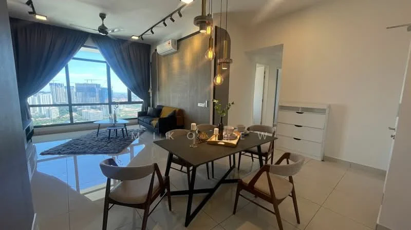 Living features: floor-to-ceiling windows, city view, 3-blade ceiling fan, recessed LED downlights, pendant lighting, grey accent wall, cream tiled flooring, area rug with geometric pattern, L-shape sectional sofa in grey, wooden dining table, 4 upholstered dining chairs, decorative vase with flowers, wall-mounted air conditioning unit, built-in storage cabinet; style: modern; view: city.