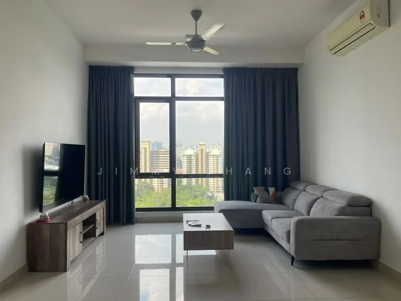 Living features: grey fabric sectional sofa, coffee table, TV console, wall-mounted TV, floor-to-ceiling windows, curtains in dark grey, ceiling fan, air conditioning unit, polished tile flooring, decorative wall art; style: modern; view: city.