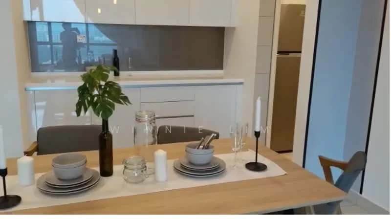 Dining features: wood dining table, 4 dining chairs, white table runner, ceramic dinner plates, glass water jar, cutlery set, candlesticks with candles, white cabinetry, grey backsplash, stainless-steel fridge visible in background, kitchen countertop, under-cabinet lighting; style: modern; view: city.