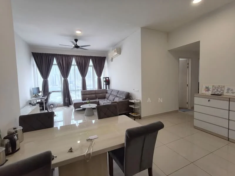 Living features: 3-seater fabric sofa in grey, 2-seater fabric sofa in grey, coffee table, TV console, wall-mounted TV, floor-to-ceiling windows, sheer curtains, ceiling fan, recessed downlights, light-coloured tiled flooring, white painted walls, decorative wall art; style: modern; view: city. Dining features: dining table with 4 chairs, kettle, cutlery, white cabinetry, light-coloured tiled flooring; style: modern.