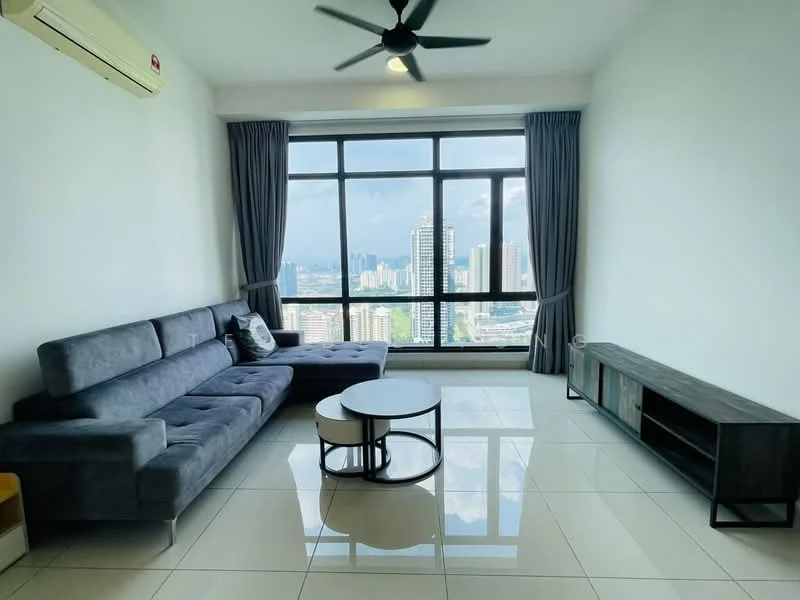 Living features: grey fabric L-shape sectional sofa, round coffee table with black and white design, TV console with storage, floor-to-ceiling windows, city skyline view, white painted walls, polished ceramic tile flooring, 1 wall-mounted split AC, ceiling fan with light, curtains; style: modern; view: city.