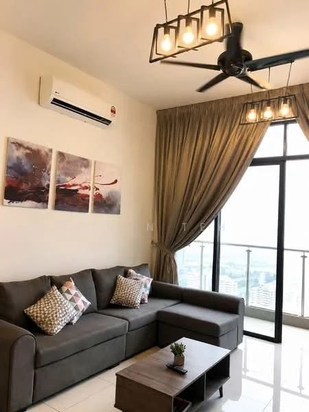 Living features: 3-seater fabric sofa in grey, decorative cushions, wooden coffee table, floor-to-ceiling windows, sheer curtains, 5-blade ceiling fan with light, recessed downlights, framed artwork, white painted walls, glossy tile flooring; style: modern; view: city.
