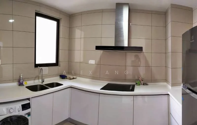 Kitchen features: white cabinetry, grey tiled backsplash, white countertop, double-bowl stainless-steel sink, chrome pull-down faucet, built-in induction cooktop, stainless-steel range hood, washing machine, floor-to-ceiling window, recessed downlights; style: modern.