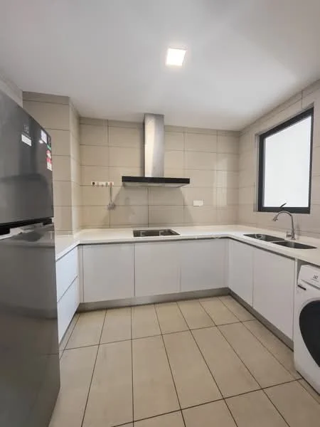 Kitchen features: white cabinetry, stainless-steel fridge, built-in oven, 4-burner gas hob, stainless-steel range hood, single-bowl stainless-steel sink, chrome pull-down faucet, white countertop, ceramic tile flooring, grey tiled backsplash, window with black frame, recessed LED downlights; style: modern.