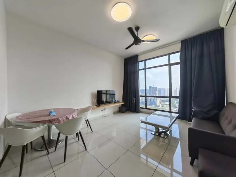 Living features: 3-seater fabric sofa in dark grey, glass coffee table, TV console, wall-mounted TV, floor-to-ceiling windows, city view, white painted walls, recessed downlights, sliding glass door, curtains in dark blue, ceramic tile flooring, ceiling fan with light; style: modern; view: city. Dining features: round dining table with marble top, 4 upholstered dining chairs, decorative centerpiece, white painted walls, ceramic tile flooring; style: modern; view: city.