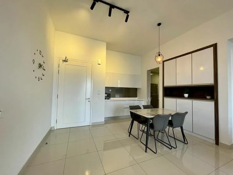 Dining features: white painted walls, glossy tile flooring, modern pendant light, dining table with marble top, 4 grey dining chairs, built-in cabinetry with white finish, kitchenette area with white cabinets, clock on wall; style: modern.