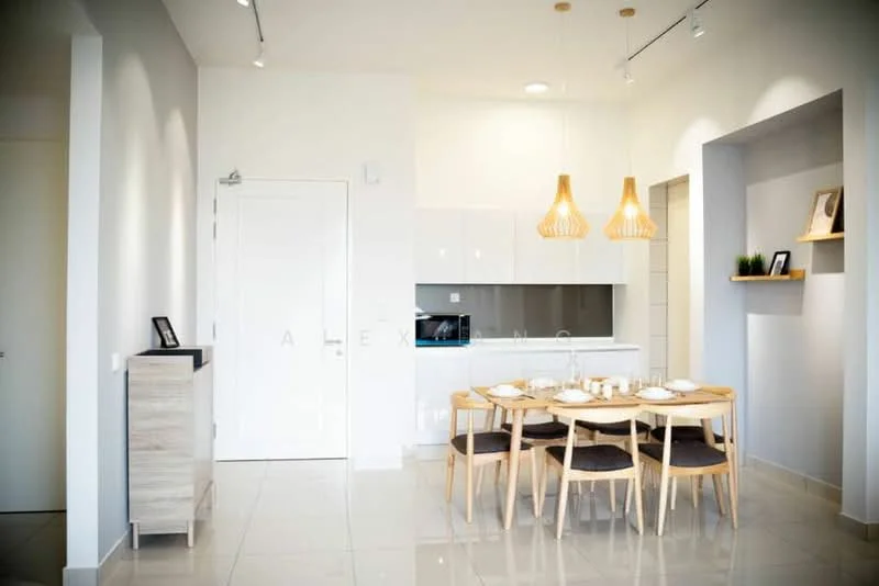 Dining features: 6-seater dining table, wooden dining chairs with upholstered seats, pendant lighting fixtures, white cabinetry, grey backsplash, white walls, glossy tile flooring, recessed ceiling lights; style: modern. Room features: white painted walls, door leading to hallway, open layout.