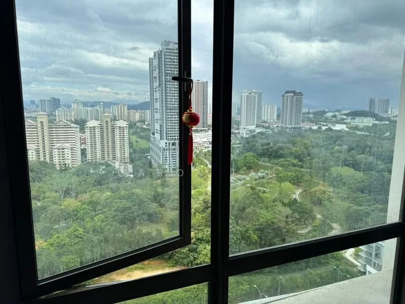 Room features: floor-to-ceiling windows, black window frames, city skyline view, greenery view, curtain rod, hanging decorative item; style: modern; view: city.