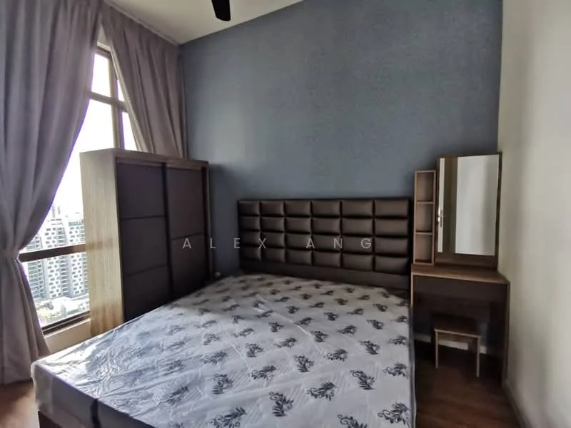 Bedroom features: king-size bed with upholstered headboard, white bedding with floral pattern, wooden flooring, floor-to-ceiling windows, curtains in light grey, wooden wardrobe, wooden dressing table with mirror, small stool; style: modern; view: city.