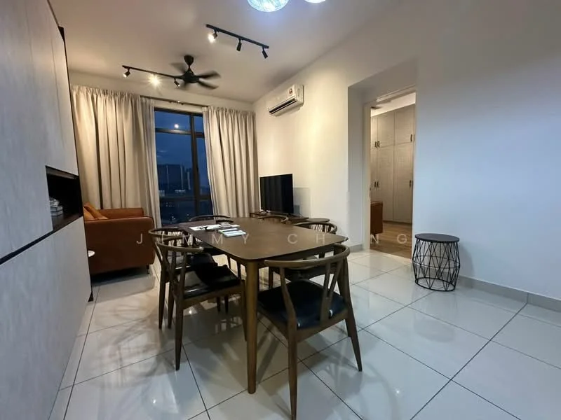 Dining features: rectangular wooden dining table, 6 wooden dining chairs, floor-to-ceiling window, sheer curtains, 3-blade ceiling fan, wall-mounted TV, light-colored walls, glossy ceramic tile flooring, decorative side table, sofa in the background, air conditioning unit; style: modern; view: city.