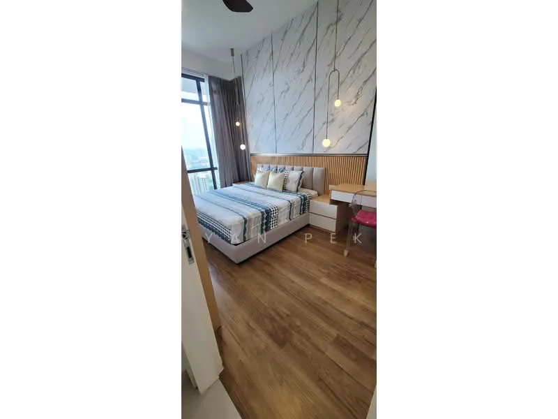 Bedroom features: king-size bed, upholstered headboard, bedside tables, pendant lighting, floor-to-ceiling windows, curtains, wooden flooring, marble accent wall; style: modern; view: city.