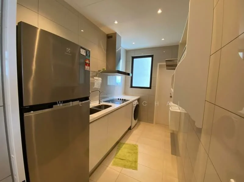 Kitchen features: stainless-steel fridge, white cabinetry, black countertop, single-bowl stainless-steel sink, chrome pull-down faucet, built-in oven, freestanding washing machine, ceramic tile flooring, white tiled walls, recessed downlights, window with view, green kitchen mat; style: modern.