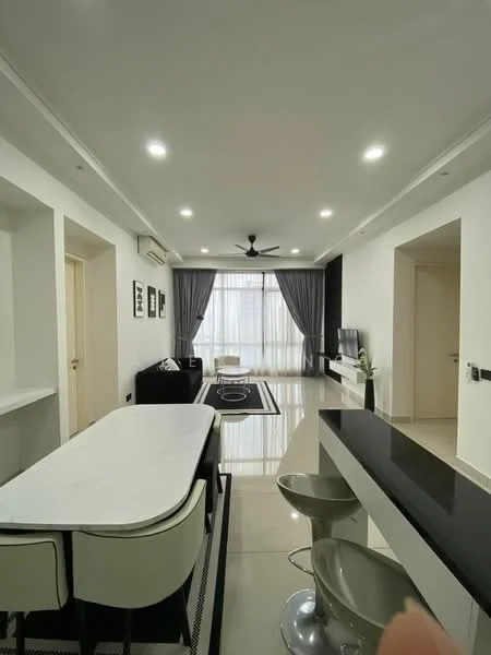 Living features: white painted walls, glossy tile flooring, 5-blade ceiling fan with light, floor-to-ceiling windows, sheer curtains, black sofa, TV console, wall-mounted TV, area rug with geometric pattern, dining table with white top, black and white dining chairs, bar counter with black countertop, decorative plant; style: modern.