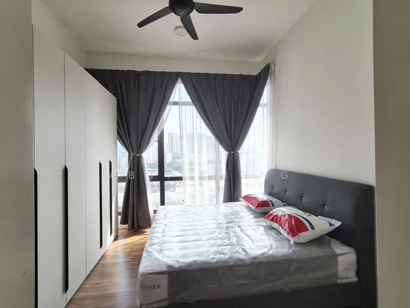 Bedroom features: king-size bed, upholstered headboard, two decorative pillows, floor-to-ceiling windows, sheer curtains, dark grey curtains, wooden flooring, built-in wardrobe with sliding doors, ceiling fan; style: modern; view: city.