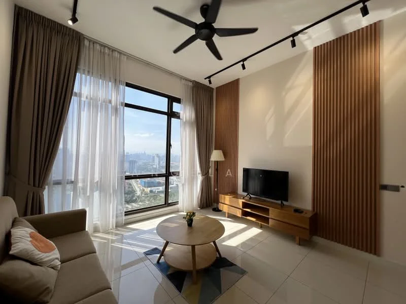 Living features: floor-to-ceiling windows, sheer curtains, 5-blade ceiling fan, wall-mounted TV, wooden TV console, round coffee table, beige fabric sofa, decorative cushion, accent wall with wood paneling, cream painted walls, tile flooring, natural light from windows; style: modern; view: city.