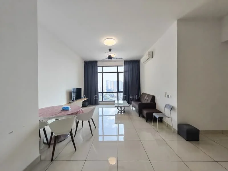 Living features: white painted walls, glossy tile flooring, 5-blade ceiling fan with light, floor-to-ceiling windows, blackout curtains, sofa in dark brown, coffee table, TV console, dining table with pink tablecloth, 4 white dining chairs, wall-mounted air conditioning unit; style: modern; view: city.