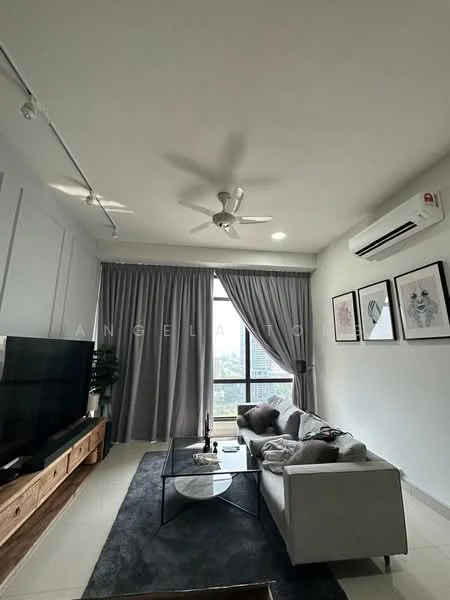 Living features: 3-seater fabric sofa in light grey, coffee table, TV console, wall-mounted TV, 5-blade ceiling fan with light, recessed LED downlights, floor-to-ceiling windows, grey curtains, area rug with geometric pattern, decorative wall art, air conditioning unit; style: modern; view: city.