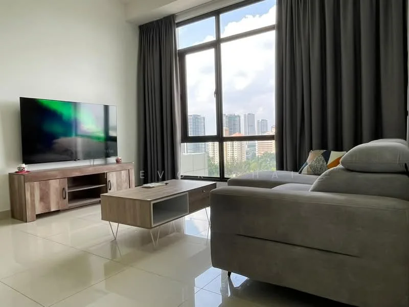 Living features: grey L-shape sectional sofa, wooden coffee table, TV console, wall-mounted TV, floor-to-ceiling windows, curtains, ceramic tile flooring, decorative cushions, area rug, city skyline view; style: modern; view: city.