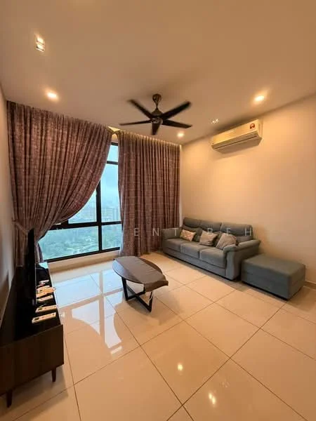 Living features: light grey fabric sofa, 3-seater sofa, coffee table, wall-mounted TV, TV console, floor-to-ceiling windows, curtains in light brown, recessed downlights, ceiling fan with 5 blades, white painted walls, glossy tile flooring, air conditioning unit; style: modern; view: city.