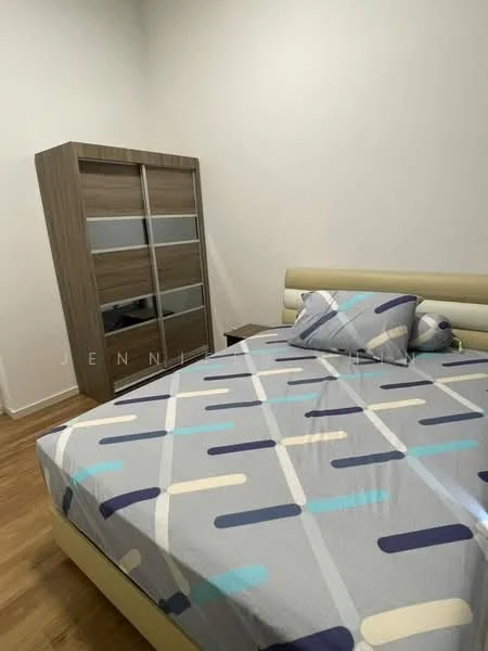Bedroom features: queen-size bed with patterned bedding, wooden flooring, built-in wardrobe with sliding doors, nightstand, decorative pillows; style: modern.
