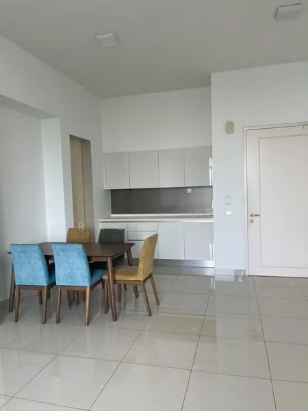 Dining features: dining table with 6 chairs, blue upholstered chairs, brown wooden chairs, white cabinetry, grey backsplash, stainless-steel countertop, built-in kitchen appliances, large floor tiles, white painted walls, recessed ceiling lights; style: modern.