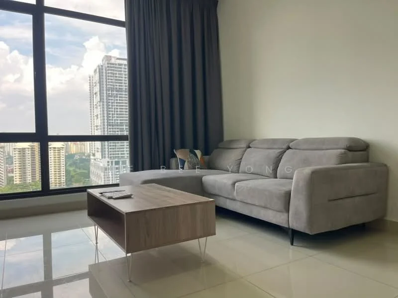 Living features: grey fabric sofa, wooden coffee table, floor-to-ceiling windows, city skyline view, white painted walls, glossy tile flooring, curtains, decorative cushions; style: modern; view: city.