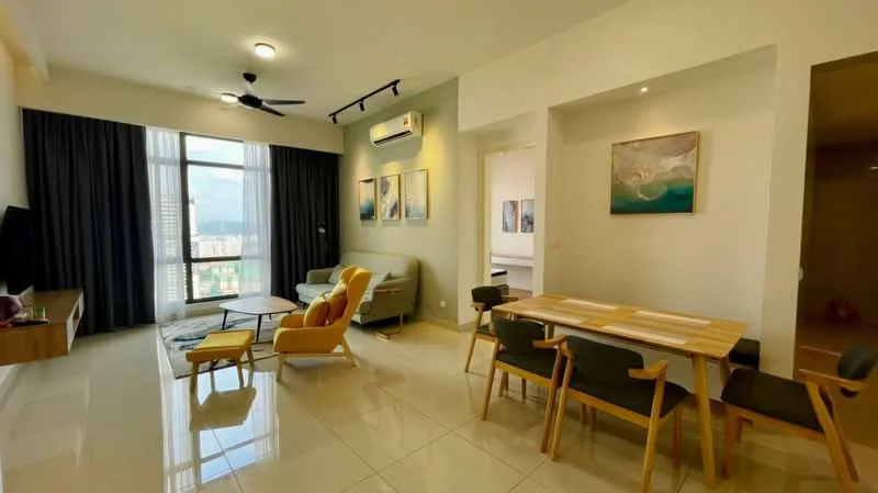 Living features: 3-seater fabric sofa in grey, yellow accent chair, wooden coffee table, TV console, wall-mounted TV, floor-to-ceiling windows, curtains, ceiling fan, recessed downlights, polished tile flooring, decorative artwork on walls, air conditioning unit; style: modern; view: city. Dining features: 6-seater wooden dining table, upholstered dining chairs, decorative centerpiece; style: modern.